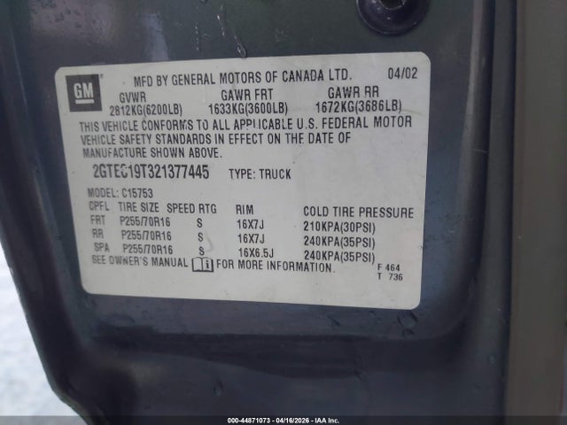 Продаж на аукціоні авто 2002 Gmc Sierra 1500 Sle, vin: 2GTEC19T321377445, номер лоту: 44871073