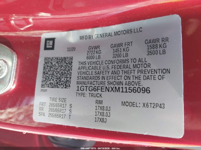Aukcja sprzedaży 2021 Gmc Canyon 4wd  Short Box At4 - Leather, vin: 1GTG6FENXM1156096, numer aukcji: 44871074