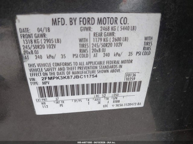 44871080 :رقم المزاد ، 2FMPK3K87JBC11754 vin ، 2018 Ford Edge Titanium مزاد بيع
