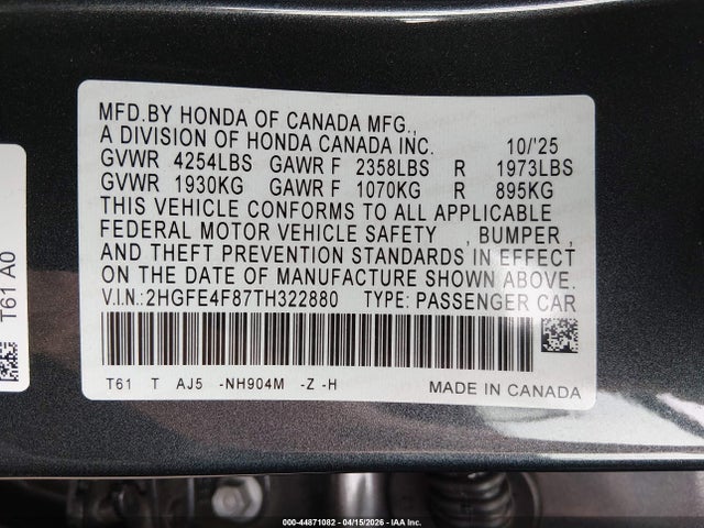 Aukcja sprzedaży 2026 Honda Civic Hybrid Sport/sport Touring, vin: 2HGFE4F87TH322880, numer aukcji: 44871082