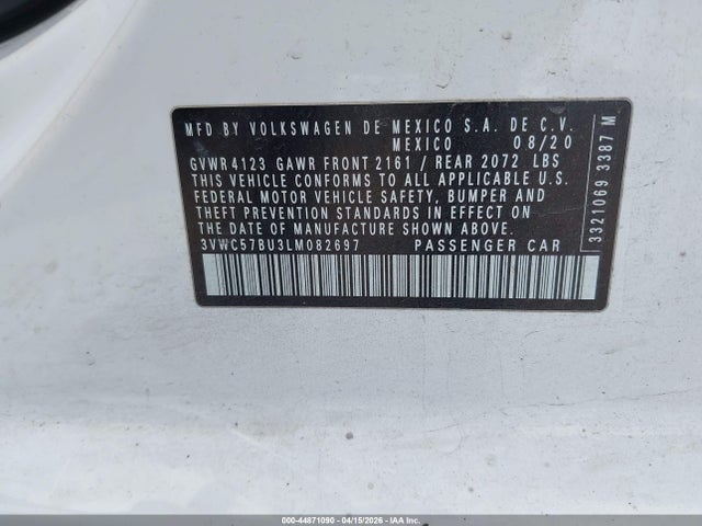 44871090 :رقم المزاد ، 3VWC57BU3LM082697 vin ، 2020 Volkswagen Jetta 1.4t R-line/1.4t S/1.4t Se مزاد بيع