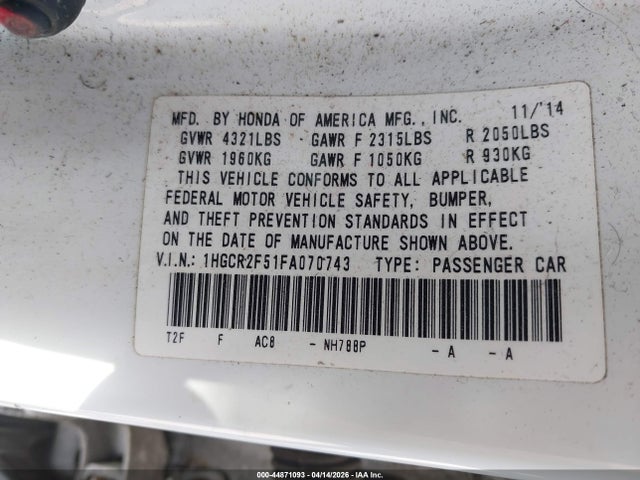 Продажа на аукционе авто 2015 Honda Accord Sport, vin: 1HGCR2F51FA070743, номер лота: 44871093
