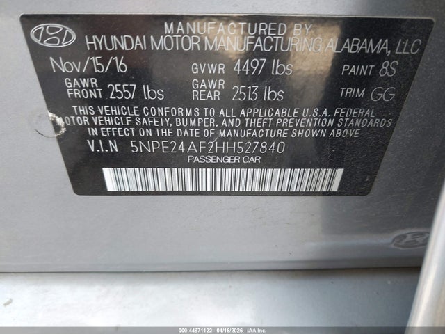 Aukcja sprzedaży 2017 Hyundai Sonata, vin: 5NPE24AF2HH527840, numer aukcji: 44871122