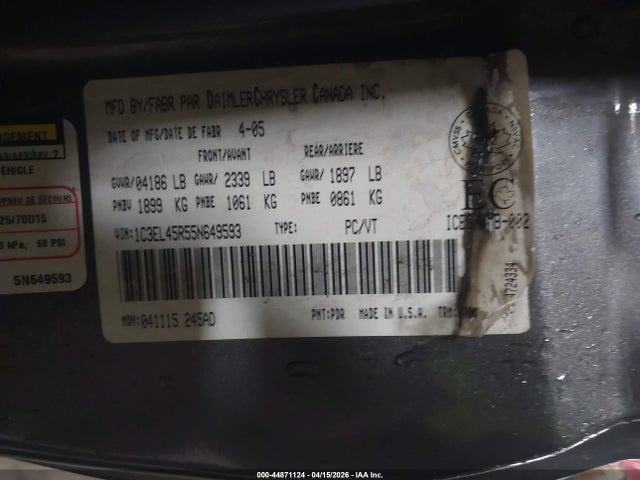 2005 Chrysler Sebring მანქანა იყიდება აუქციონზე, vin: 1C3EL45R55N649593, აუქციონის ნომერი: 44871124