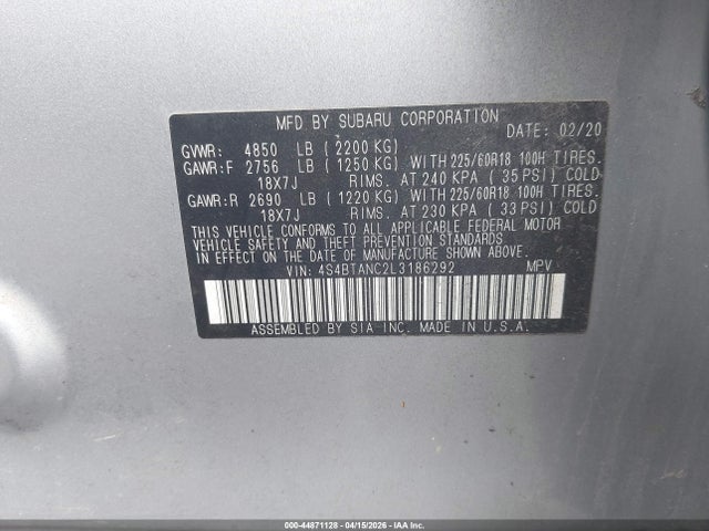 2020 Subaru Outback Limited მანქანა იყიდება აუქციონზე, vin: 4S4BTANC2L3186292, აუქციონის ნომერი: 44871128