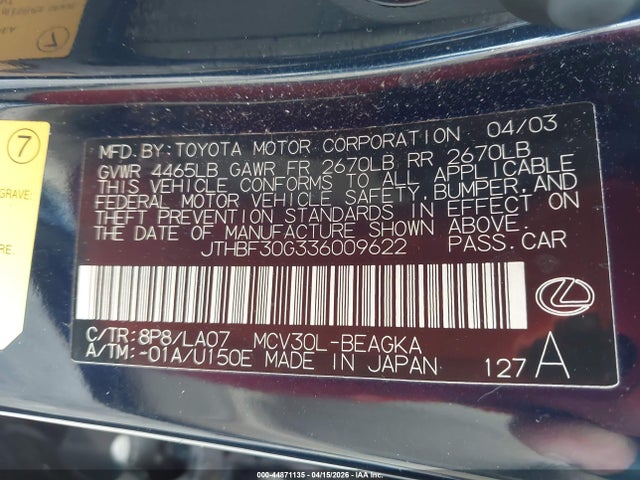 Aukcja sprzedaży 2003 Lexus Es 300, vin: JTHBF30G336009622, numer aukcji: 44871135