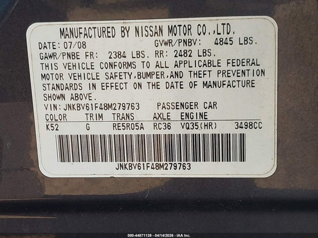 2008 Infiniti G35x მანქანა იყიდება აუქციონზე, vin: JNKBV61F48M279763, აუქციონის ნომერი: 44871139