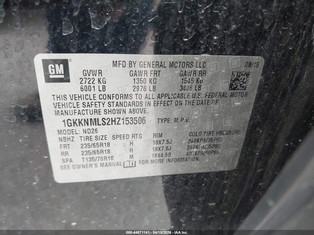Aukcja sprzedaży 2017 Gmc Acadia Slt-1, vin: 1GKKNMLS2HZ153506, numer aukcji: 44871141
