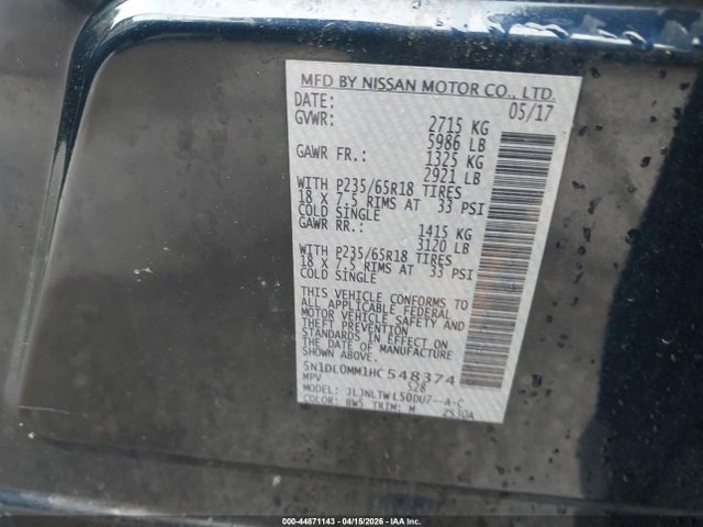 Продажа на аукционе авто 2017 Infiniti Qx60, vin: 5N1DL0MM1HC548374, номер лота: 44871143