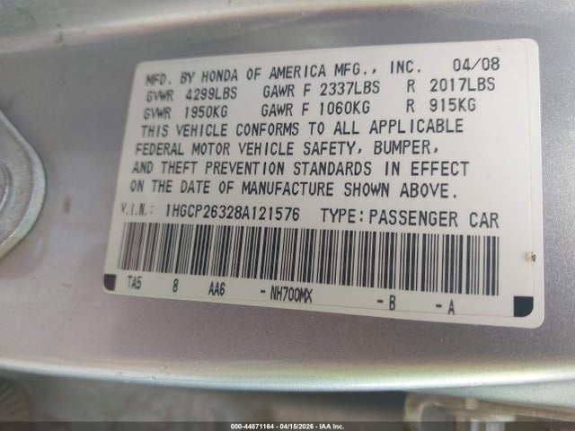 2008 Honda Accord 2.4 Lx მანქანა იყიდება აუქციონზე, vin: 1HGCP26328A121576, აუქციონის ნომერი: 44871164