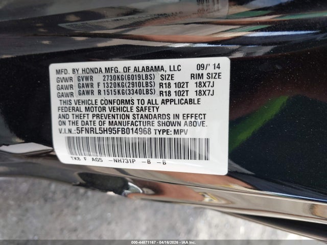 Aukcja sprzedaży 2015 Honda Odyssey Touring/touring Elite, vin: 5FNRL5H95FB014968, numer aukcji: 44871167
