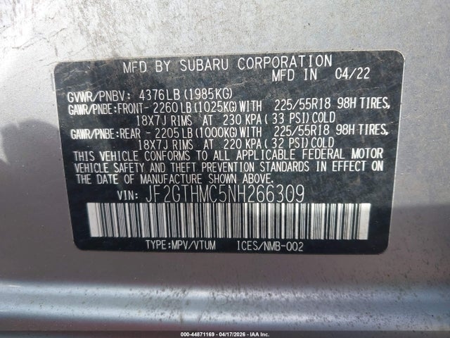 JF2GTHMC5NH266309 Subaru Crosstrek Limited