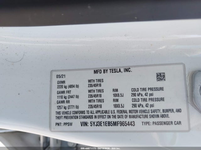 2021 Tesla Model 3 Long Range Dual Motor All-wheel Drive მანქანა იყიდება აუქციონზე, vin: 5YJ3E1EB5MF965443, აუქციონის ნომერი: 44871173