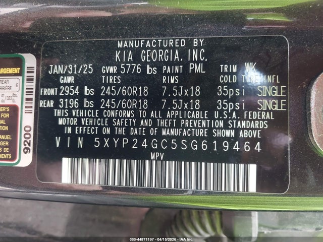 Aukcja sprzedaży 2025 Kia Telluride Lx, vin: 5XYP24GC5SG619464, numer aukcji: 44871197