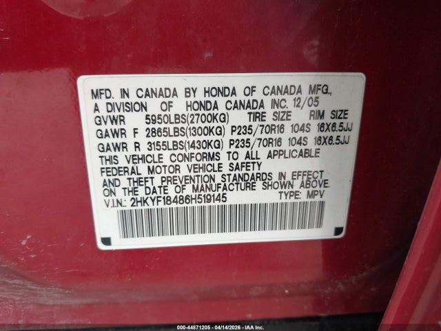 2006 HONDA PILOT 2HKYF18486H519145 Photo 8