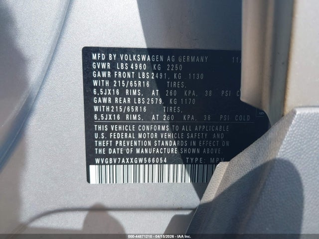 Продаж на аукціоні авто 2016 Volkswagen Tiguan S, vin: WVGBV7AXXGW566054, номер лоту: 44871210
