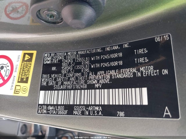 5TDJKRFH6FS182468 Toyota Highlander Xle V6