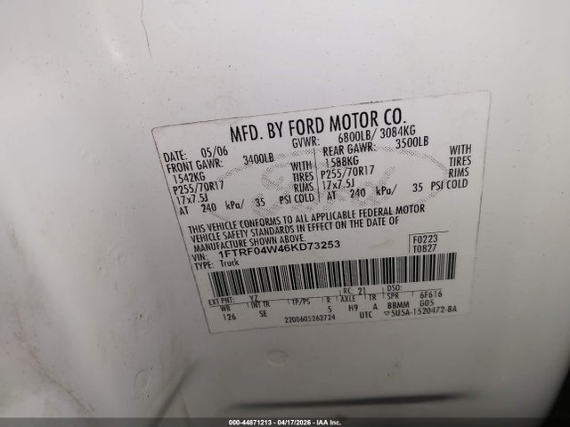 44871213 :رقم المزاد ، 1FTRF04W46KD73253 vin ، 2006 Ford F-150 Stx/xlt مزاد بيع