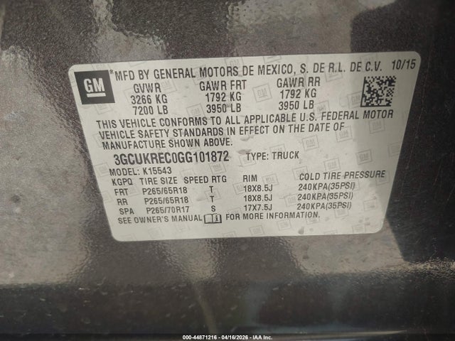 Продаж на аукціоні авто 2016 Chevrolet Silverado 1500 2lt, vin: 3GCUKREC0GG101872, номер лоту: 44871216