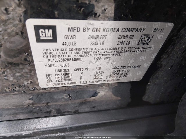 44871220 :رقم المزاد ، KL4CJ2SB2HB145930 vin ، 2017 Buick Encore Sport Touring مزاد بيع