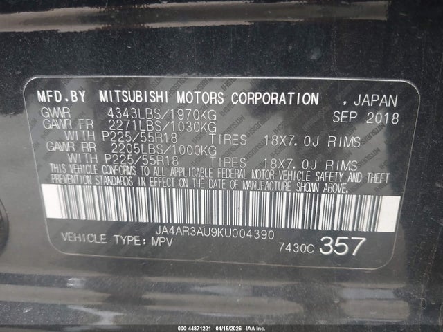 Продаж на аукціоні авто 2019 Mitsubishi Outlander Sport 2.0 Se, vin: JA4AR3AU9KU004390, номер лоту: 44871221