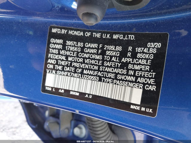2020 Honda Civic Ex მანქანა იყიდება აუქციონზე, vin: SHHFK7H67LU220553, აუქციონის ნომერი: 44871237