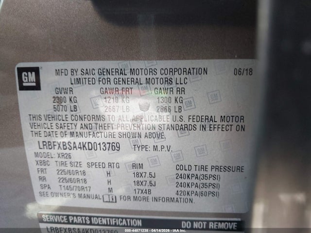 Aukcja sprzedaży 2019 Buick Envision Fwd Preferred, vin: LRBFXBSA4KD013769, numer aukcji: 44871238