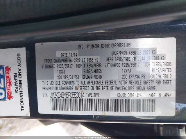 44871242 :رقم المزاد ، JM3KE4BY6F0553014 vin ، 2015 Mazda Cx-5 Sport مزاد بيع