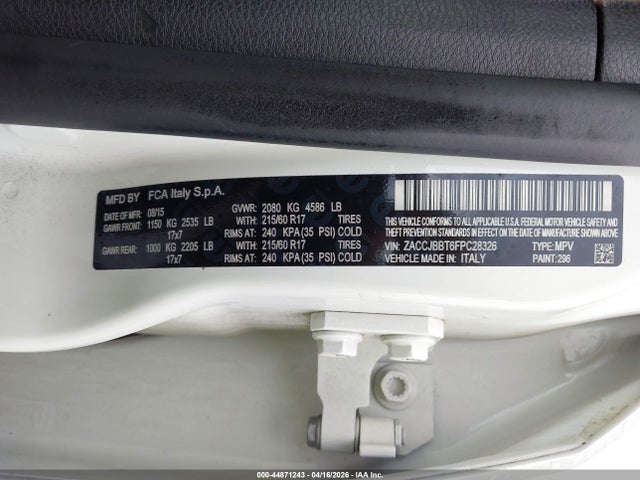 Продажа на аукционе авто 2015 Jeep Renegade Latitude, vin: ZACCJBBT6FPC28326, номер лота: 44871243