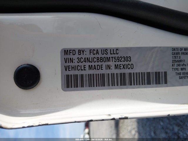2021 Jeep Compass Latitude Fwd მანქანა იყიდება აუქციონზე, vin: 3C4NJCBB0MT592303, აუქციონის ნომერი: 44871248