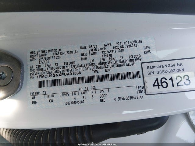 44871252 :رقم المزاد ، 1FMCU9GNXPUA91588 vin ، 2023 Ford Escape Active مزاد بيع