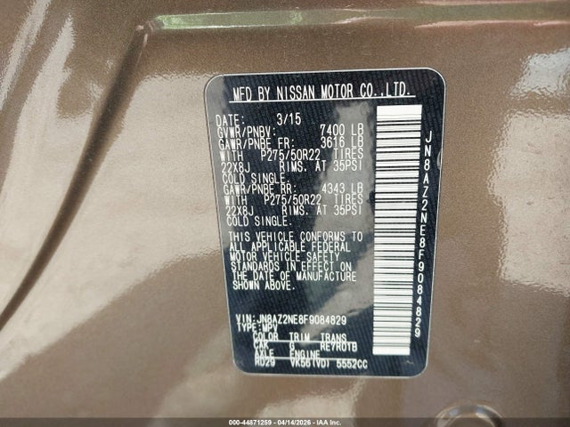 44871259 :رقم المزاد ، JN8AZ2NE8F9084829 vin ، 2015 Infiniti Qx80 Limited مزاد بيع