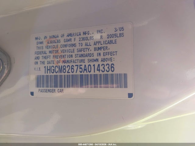 Aukcja sprzedaży 2005 Honda Accord Cpe Ex-l V6, vin: 1HGCM82675A014336, numer aukcji: 44871260