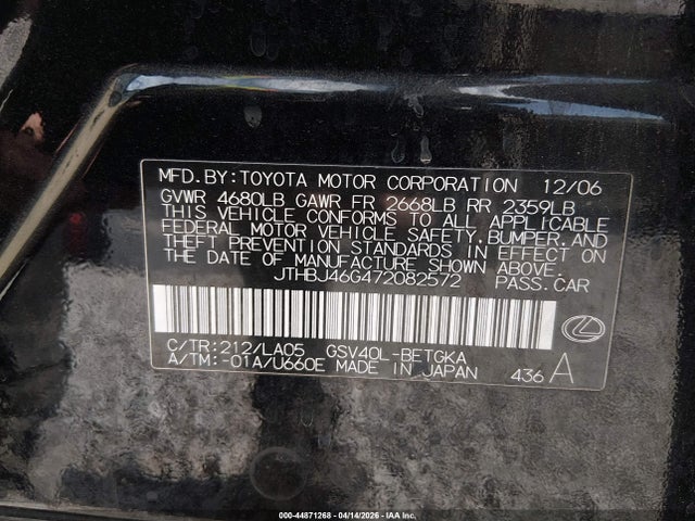 Продажа на аукционе авто 2007 Lexus Es 350, vin: JTHBJ46G472082572, номер лота: 44871268