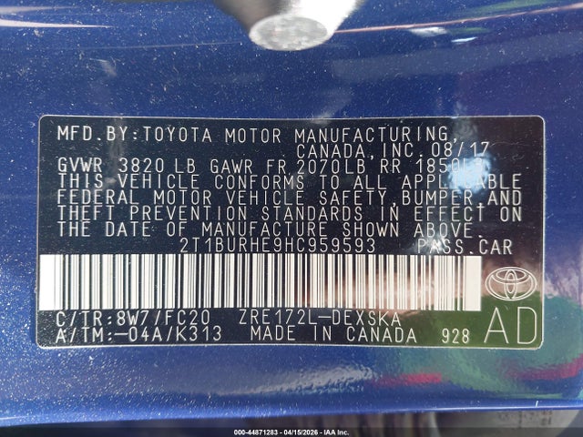 44871283 :رقم المزاد ، 2T1BURHE9HC959593 vin ، 2017 Toyota Corolla Se مزاد بيع