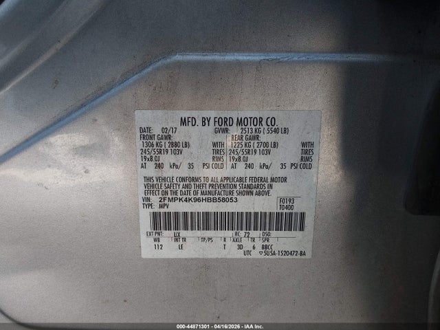 44871301 :رقم المزاد ، 2FMPK4K96HBB58053 vin ، 2017 Ford Edge Titanium مزاد بيع