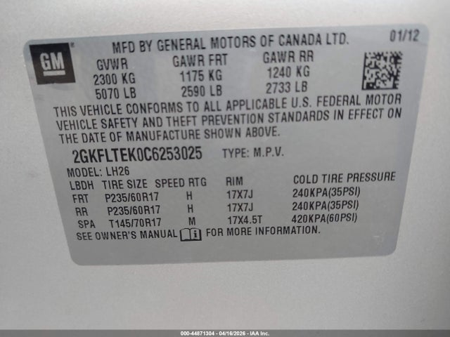 Продажа на аукционе авто 2012 Gmc Terrain Sle-2, vin: 2GKFLTEK0C6253025, номер лота: 44871304