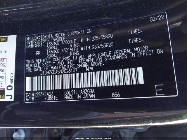 Aukcja sprzedaży 2022 Lexus Rx 350l, vin: JTJHZKEA5N2026107, numer aukcji: 44871305