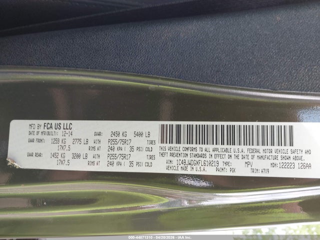 2015 Jeep Wrangler Unlimited Sport მანქანა იყიდება აუქციონზე, vin: 1C4BJWDGXFL610219, აუქციონის ნომერი: 44871310