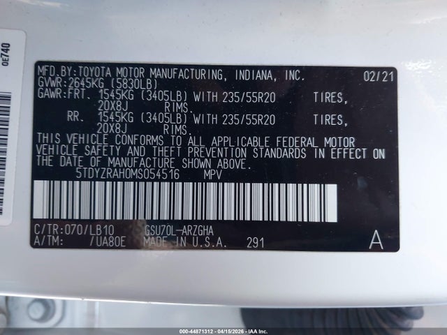 Auction sale of the 2021 Toyota Highlander Limited, vin: 5TDYZRAH0MS054516, lot number: 44871312