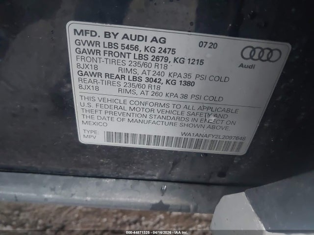 Aukcja sprzedaży 2020 Audi Q5 Premium 45 Tfsi Quattro S Tronic, vin: WA1ANAFY2L2097648, numer aukcji: 44871325