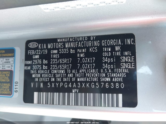 44871327 :رقم المزاد ، 5XYPG4A3XKG576380 vin ، 2019 Kia Sorento 2.4l L مزاد بيع
