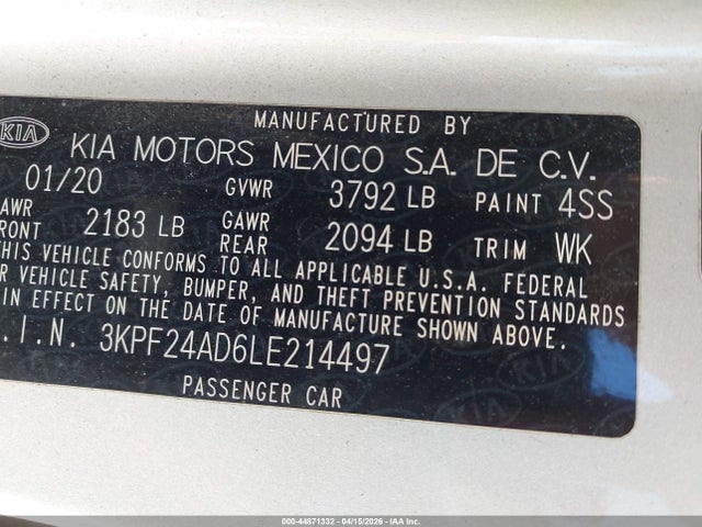 Продаж на аукціоні авто 2020 Kia Forte Lxs, vin: 3KPF24AD6LE214497, номер лоту: 44871332