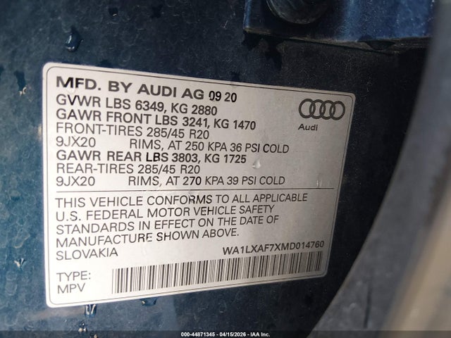 2021 Audi Q7 Premium Plus 55 Tfsi Quattro Tiptronic მანქანა იყიდება აუქციონზე, vin: WA1LXAF7XMD014760, აუქციონის ნომერი: 44871345