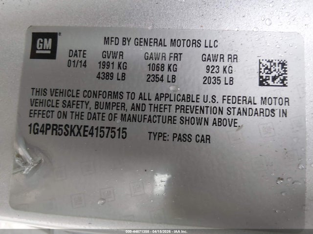 Aukcja sprzedaży 2014 Buick Verano Convenience Group, vin: 1G4PR5SKXE4157515, numer aukcji: 44871358