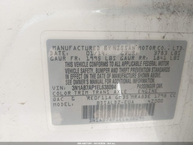 Продажа на аукционе авто 2014 Nissan Sentra Fe+ S/fe+ Sv/s/sl/sr/sv, vin: 3N1AB7AP1EL638094, номер лота: 44871361