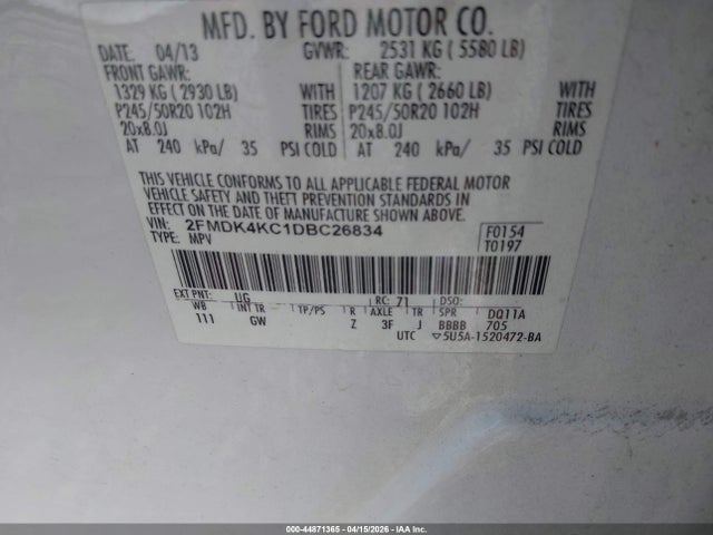 Продажа на аукционе авто 2013 Ford Edge Limited, vin: 2FMDK4KC1DBC26834, номер лота: 44871365