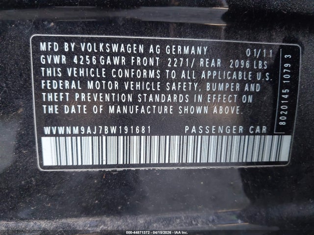 2011 Volkswagen Golf Tdi 4-door მანქანა იყიდება აუქციონზე, vin: WVWNM9AJ7BW191681, აუქციონის ნომერი: 44871372