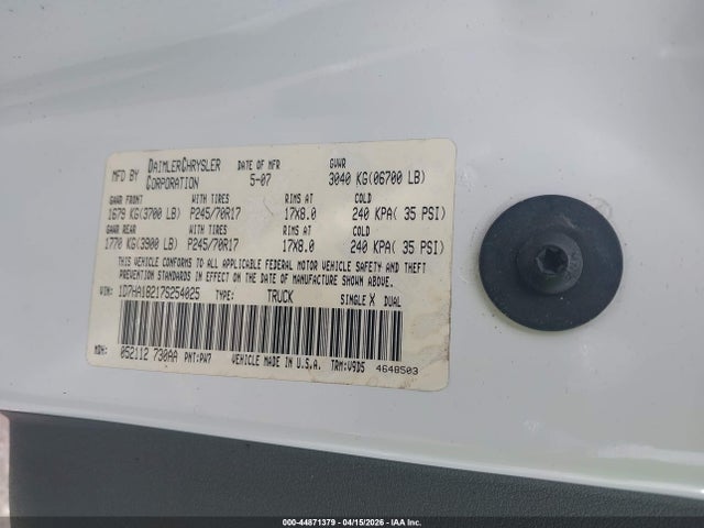Aukcja sprzedaży 2007 Dodge Ram 1500 Slt, vin: 1D7HA18217S254025, numer aukcji: 44871379