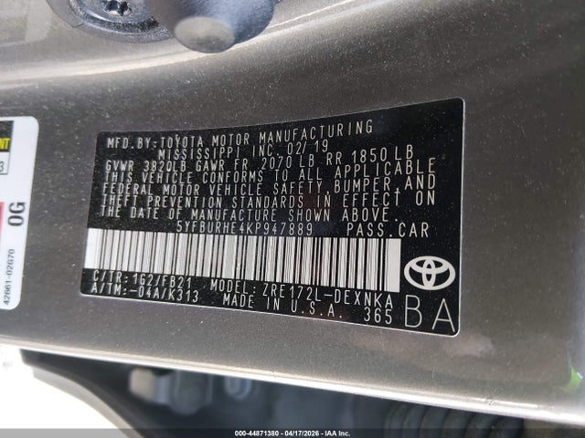 2019 Toyota Corolla Le მანქანა იყიდება აუქციონზე, vin: 5YFBURHE4KP947889, აუქციონის ნომერი: 44871380